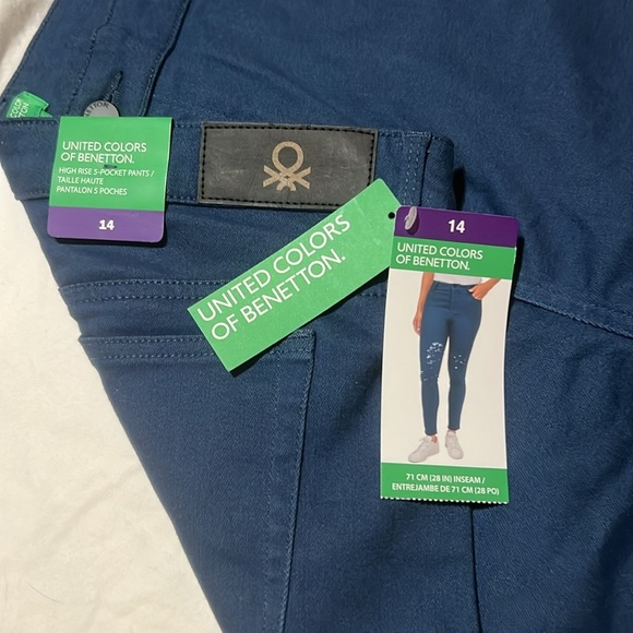NWT United Colors of Benetton Teal Blue Pants High Rise 5-Pockets sz 14 - Picture 3 of 5